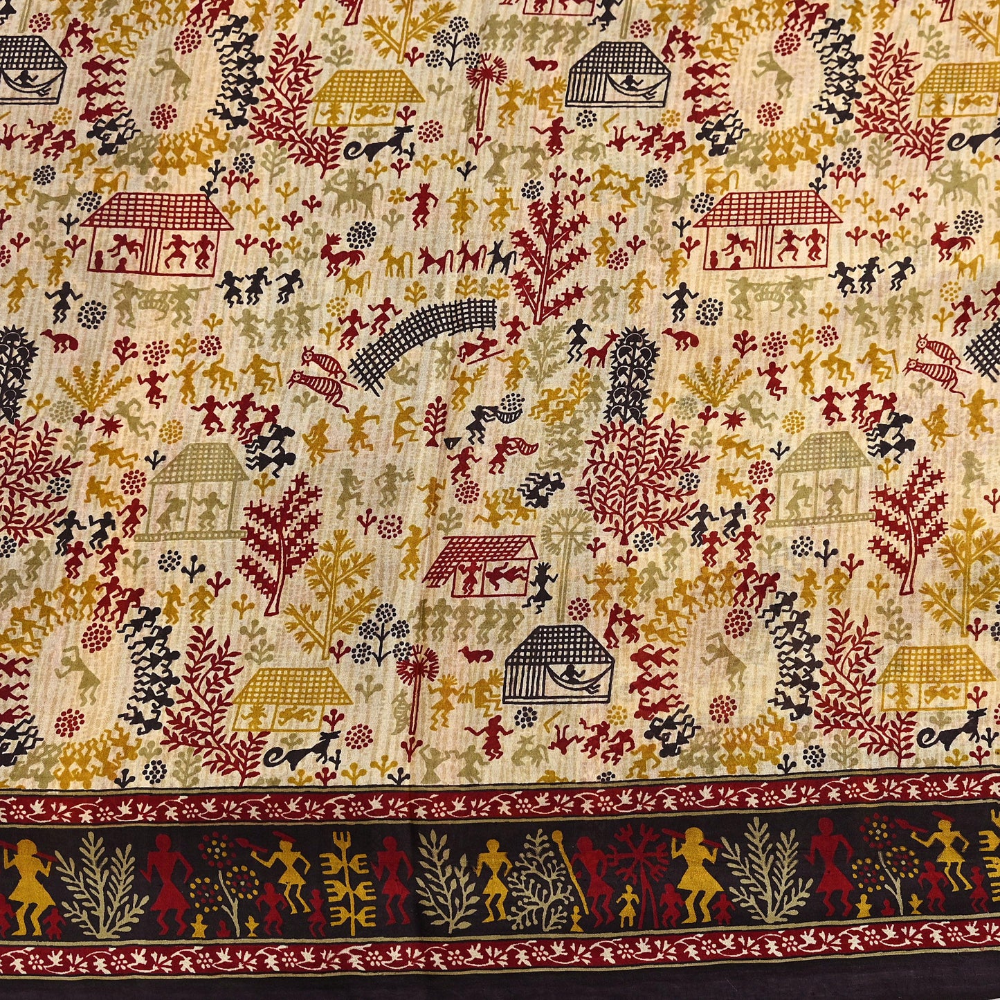 Indian Vintage Sari Beige & Black Pure Silk Warli Printed Saree Craft Fabric 5Yd Dress making Sewing Dress making For Crafting Quilting