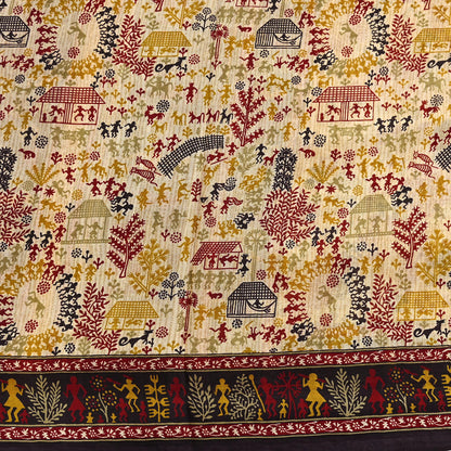 Indian Vintage Sari Beige & Black Pure Silk Warli Printed Saree Craft Fabric 5Yd Dress making Sewing Dress making For Crafting Quilting