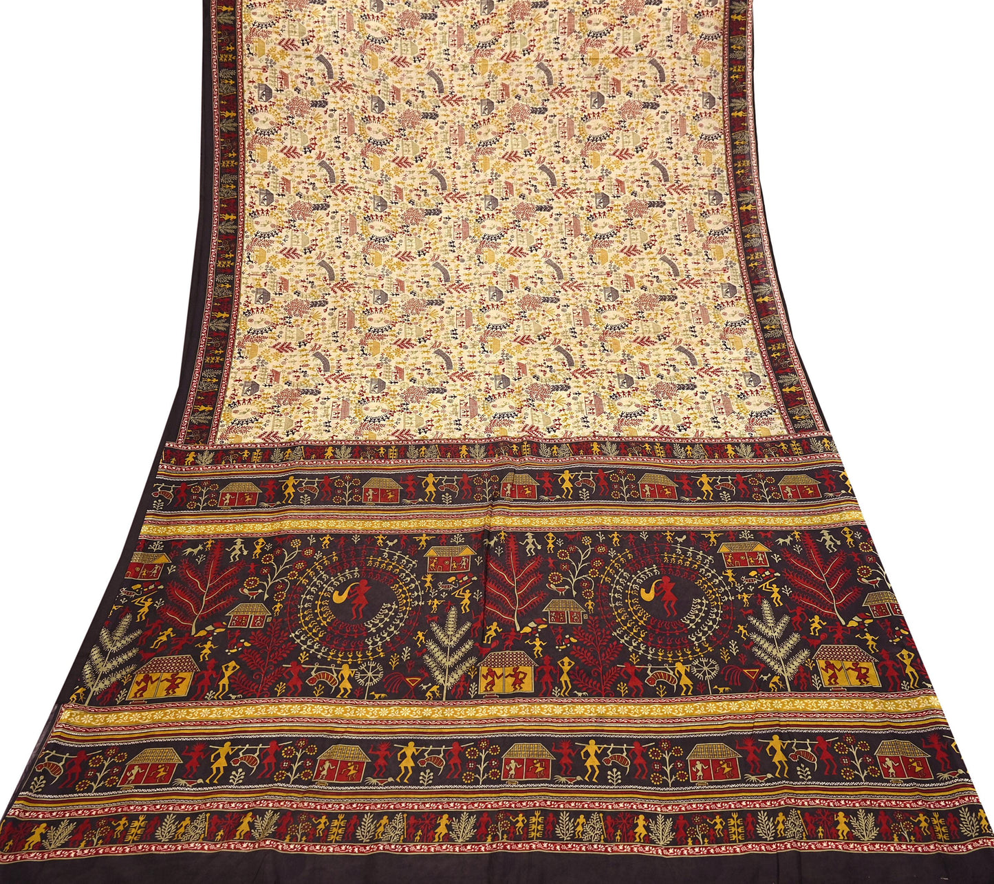 Indian Vintage Sari Beige & Black Pure Silk Warli Printed Saree Craft Fabric 5Yd Dress making Sewing Dress making For Crafting Quilting
