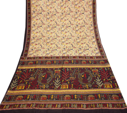 Indian Vintage Sari Beige & Black Pure Silk Warli Printed Saree Craft Fabric 5Yd Dress making Sewing Dress making For Crafting Quilting