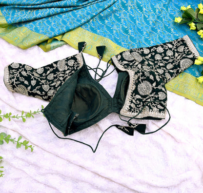 Indian New Bottle Green Georgette Hand Embroidered Padded Blouse/Top/Crop M Size Party wear Bollywood