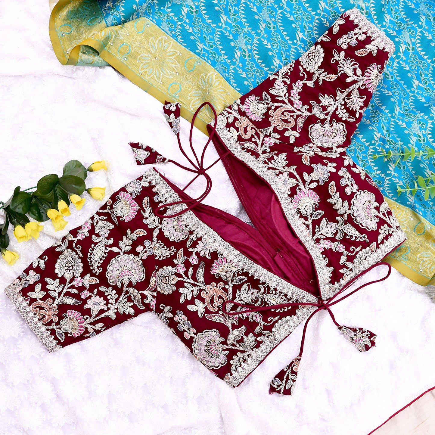 Indian New Maroon Georgette Hand Embroidered Padded Blouse/Top/Crop M Size Party wear Bollywood