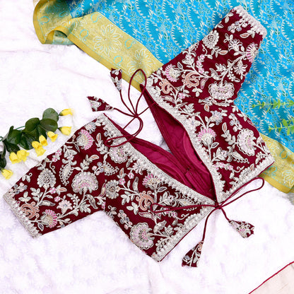 Indian New Maroon Georgette Hand Embroidered Padded Blouse/Top/Crop M Size Party wear Bollywood