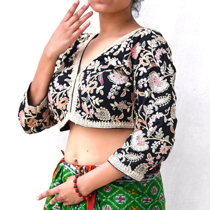 Indian New Black Georgette Hand Embroidered Padded Blouse/Top/Crop M Size Party wear Bollywood