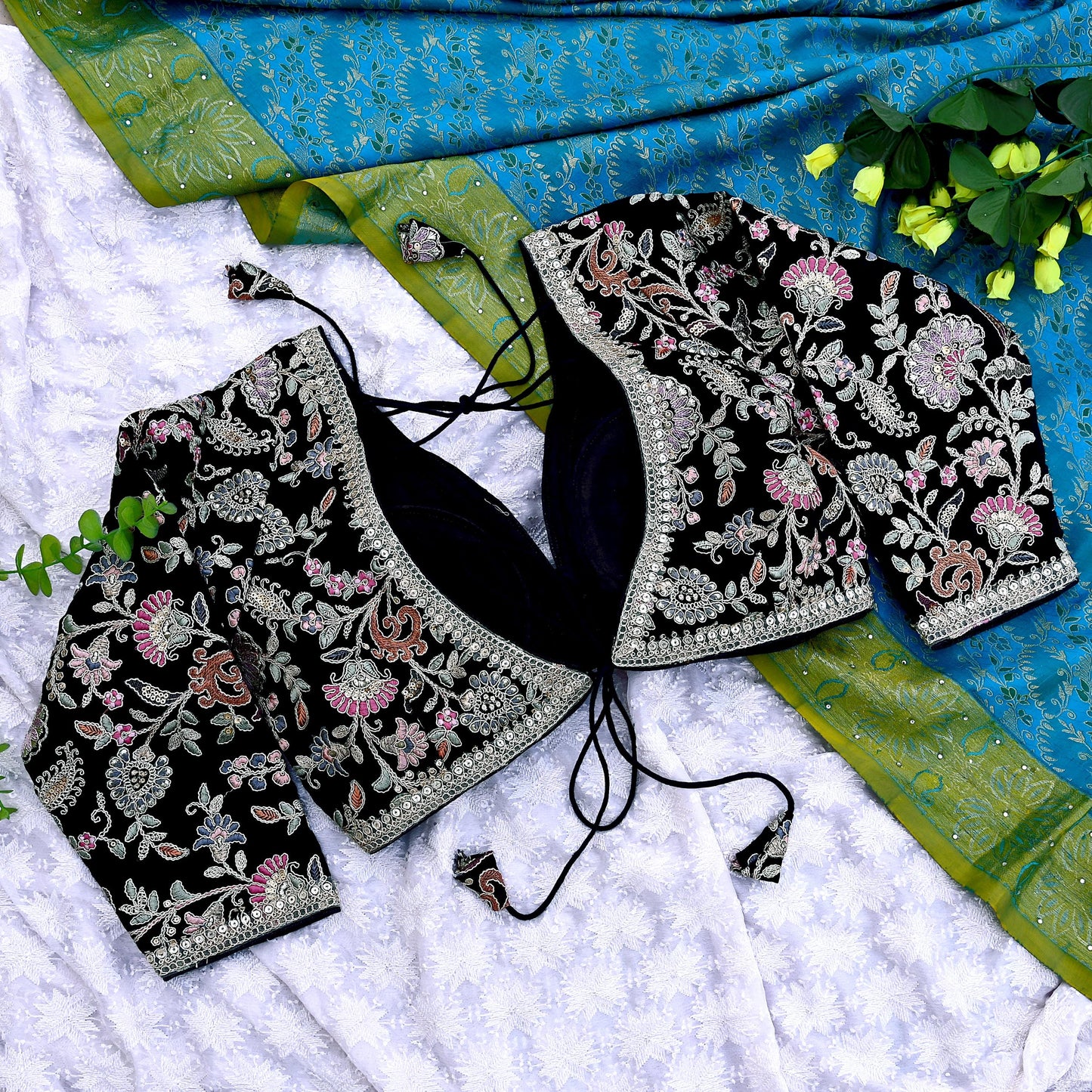 Indian New Black Georgette Hand Embroidered Padded Blouse/Top/Crop M Size Party wear Bollywood