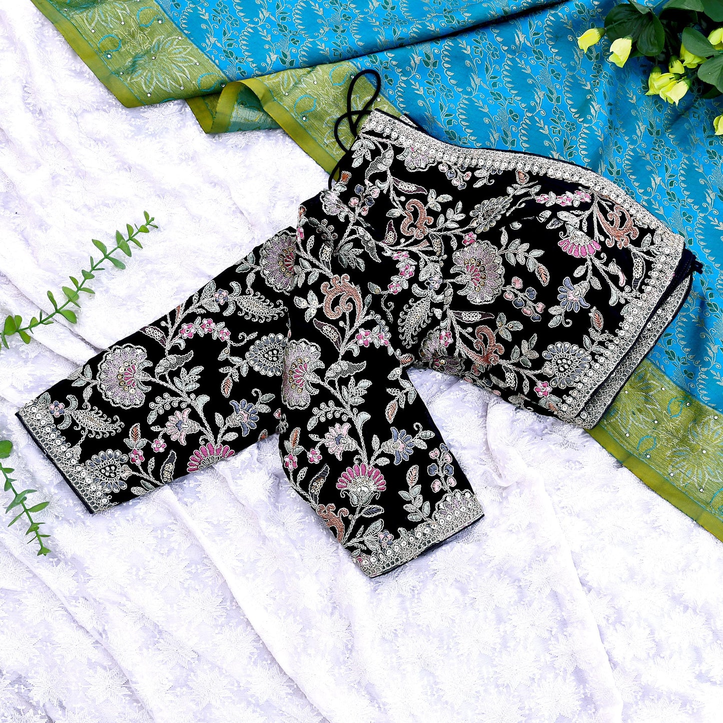 Indian New Black Georgette Hand Embroidered Padded Blouse/Top/Crop M Size Party wear Bollywood