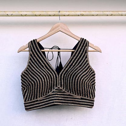 Indian New Black Chanderi silk Hand Embroidered Padded Blouse/Top/Crop M Size Party wear Bollywood