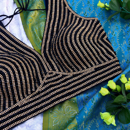 Indian New Black Chanderi silk Hand Embroidered Padded Blouse/Top/Crop M Size Party wear Bollywood