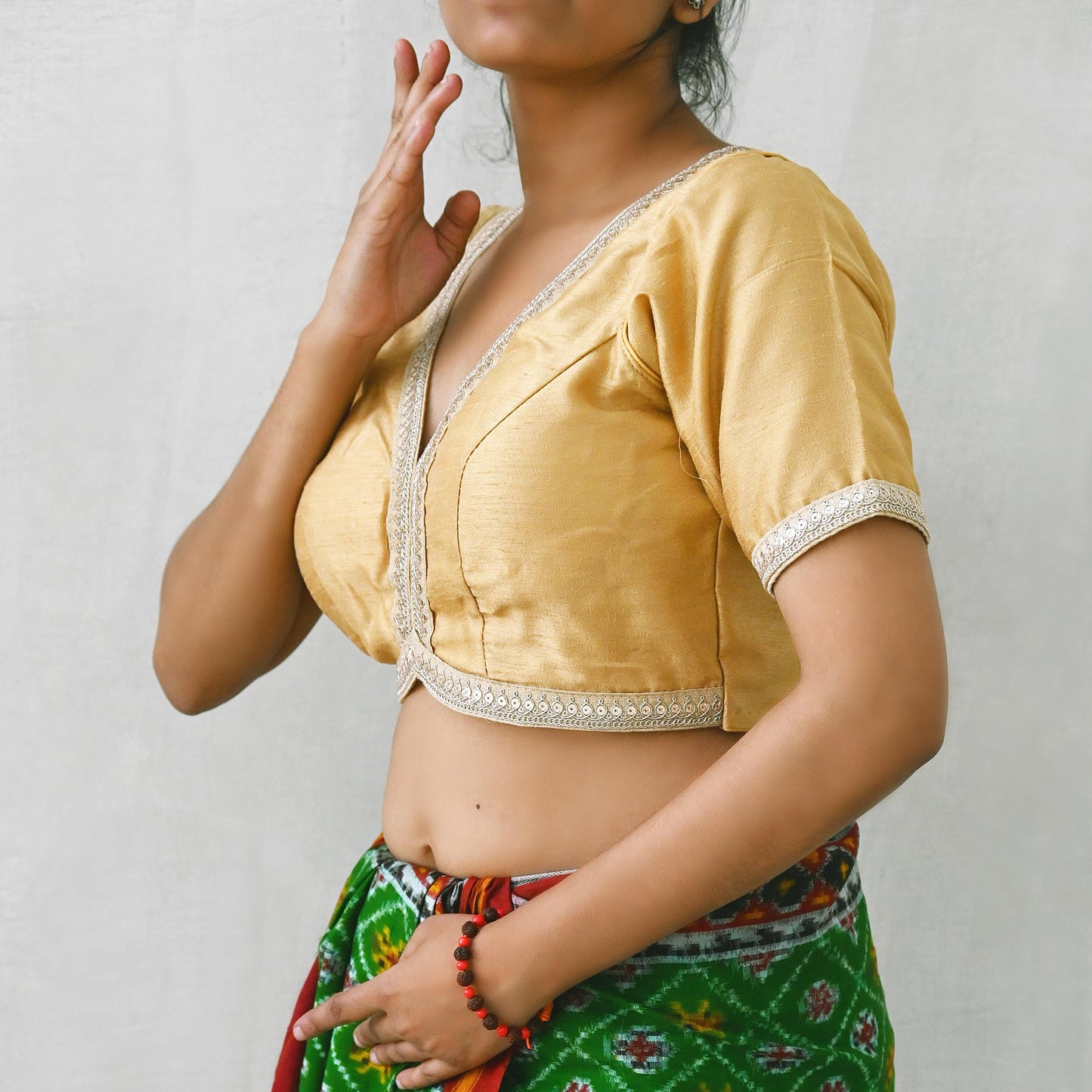 Indian New Golden Beige Chanderi Hand Embroidered Padded Blouse/Top/Crop M Size Party wear Bollywood