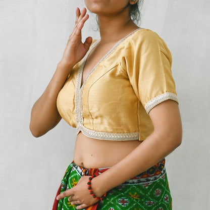 Indian New Golden Beige Chanderi Hand Embroidered Padded Blouse/Top/Crop M Size Party wear Bollywood