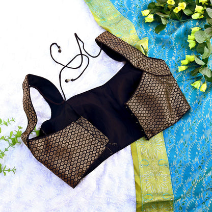 Indian New Black Chanderi silk Woven Brocade Padded Blouse/Top/Crop M Size Party wear Bollywood