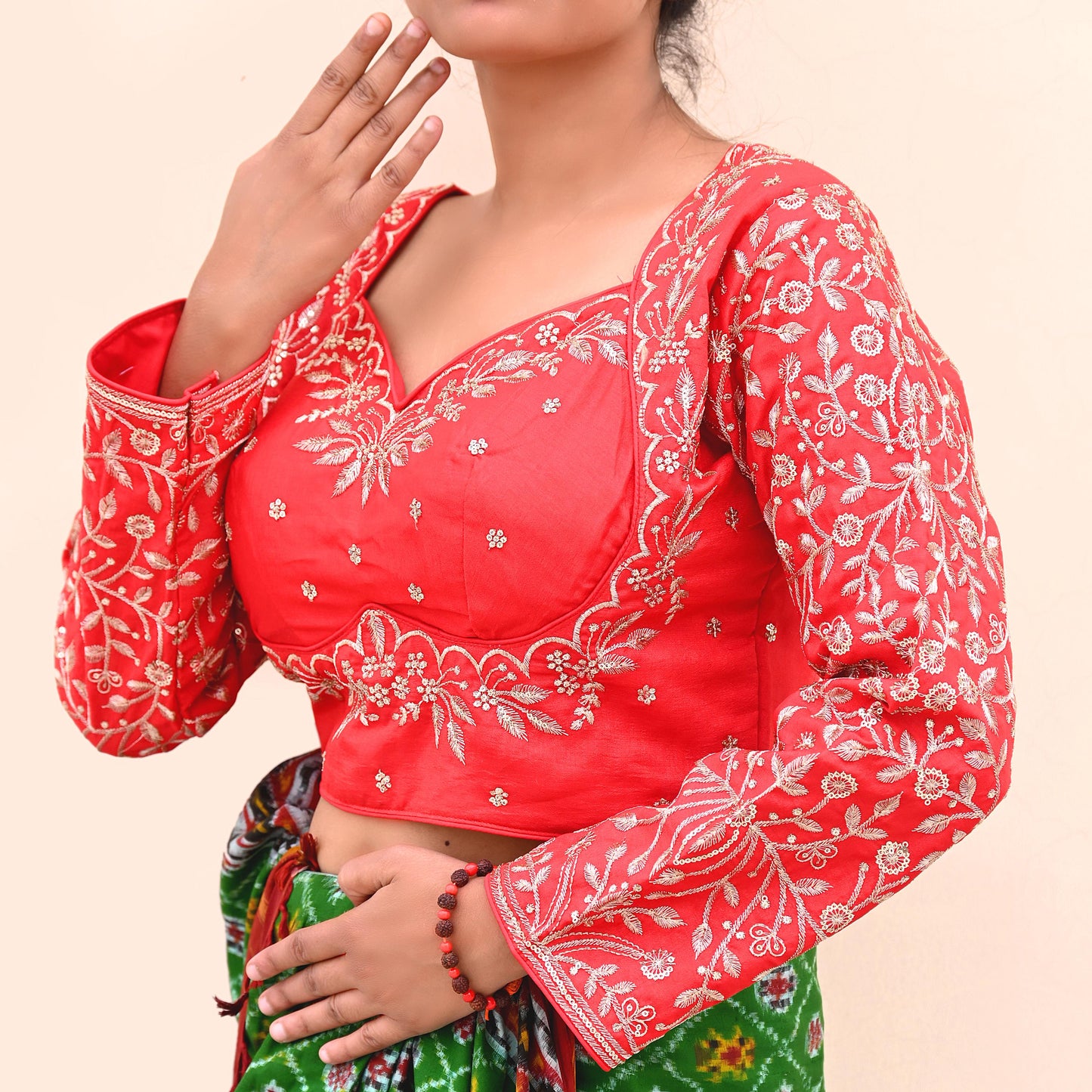 Indian New Red Chanderi Hand Embroidered Padded Blouse/Top/Crop M Size Party wear Bollywood