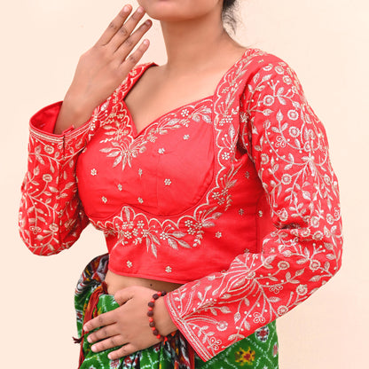 Indian New Red Chanderi Hand Embroidered Padded Blouse/Top/Crop M Size Party wear Bollywood