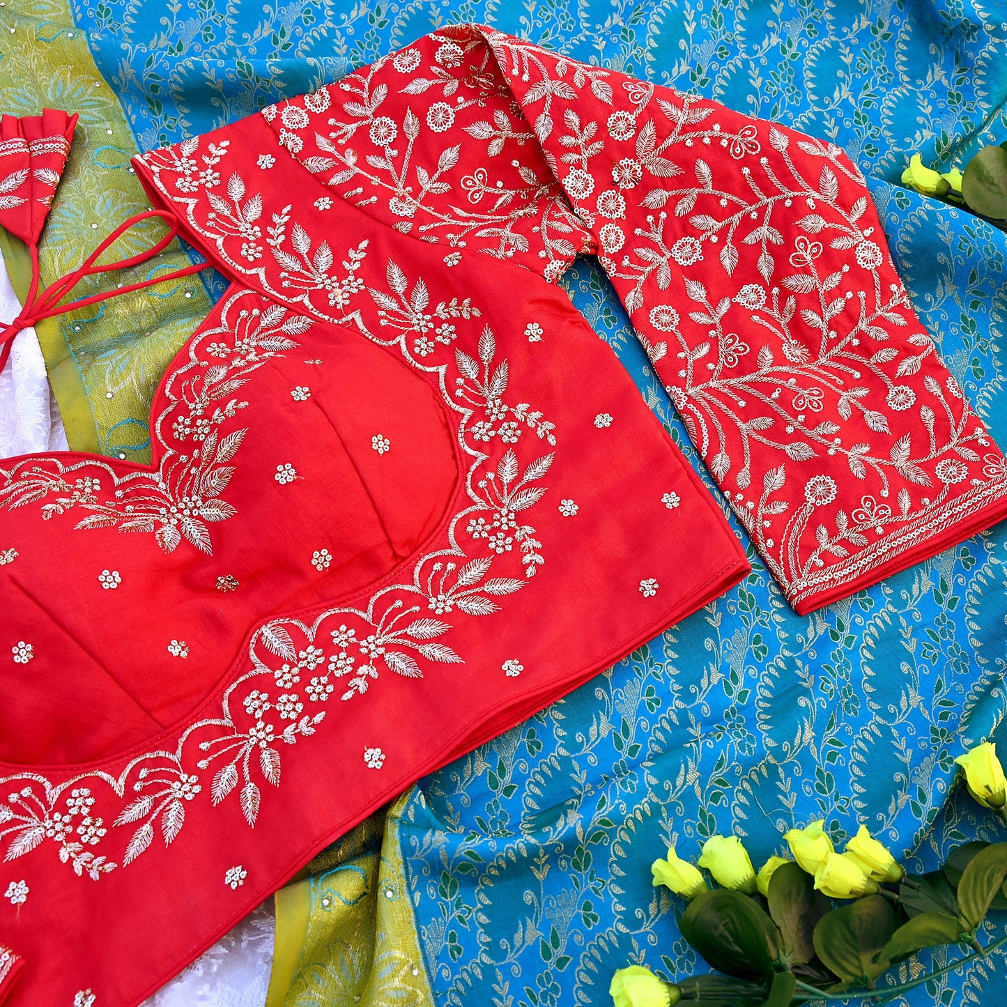 Indian New Red Chanderi Hand Embroidered Padded Blouse/Top/Crop M Size Party wear Bollywood