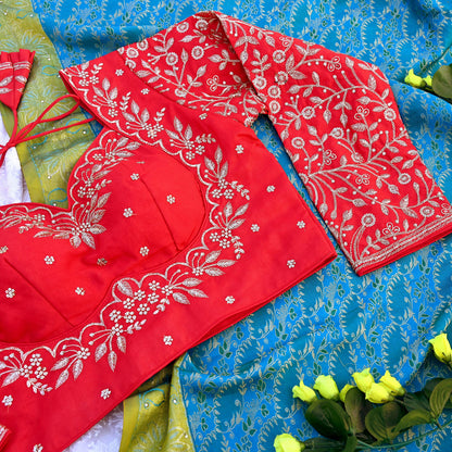 Indian New Red Chanderi Hand Embroidered Padded Blouse/Top/Crop M Size Party wear Bollywood