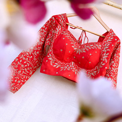 Indian New Red Chanderi Hand Embroidered Padded Blouse/Top/Crop M Size Party wear Bollywood