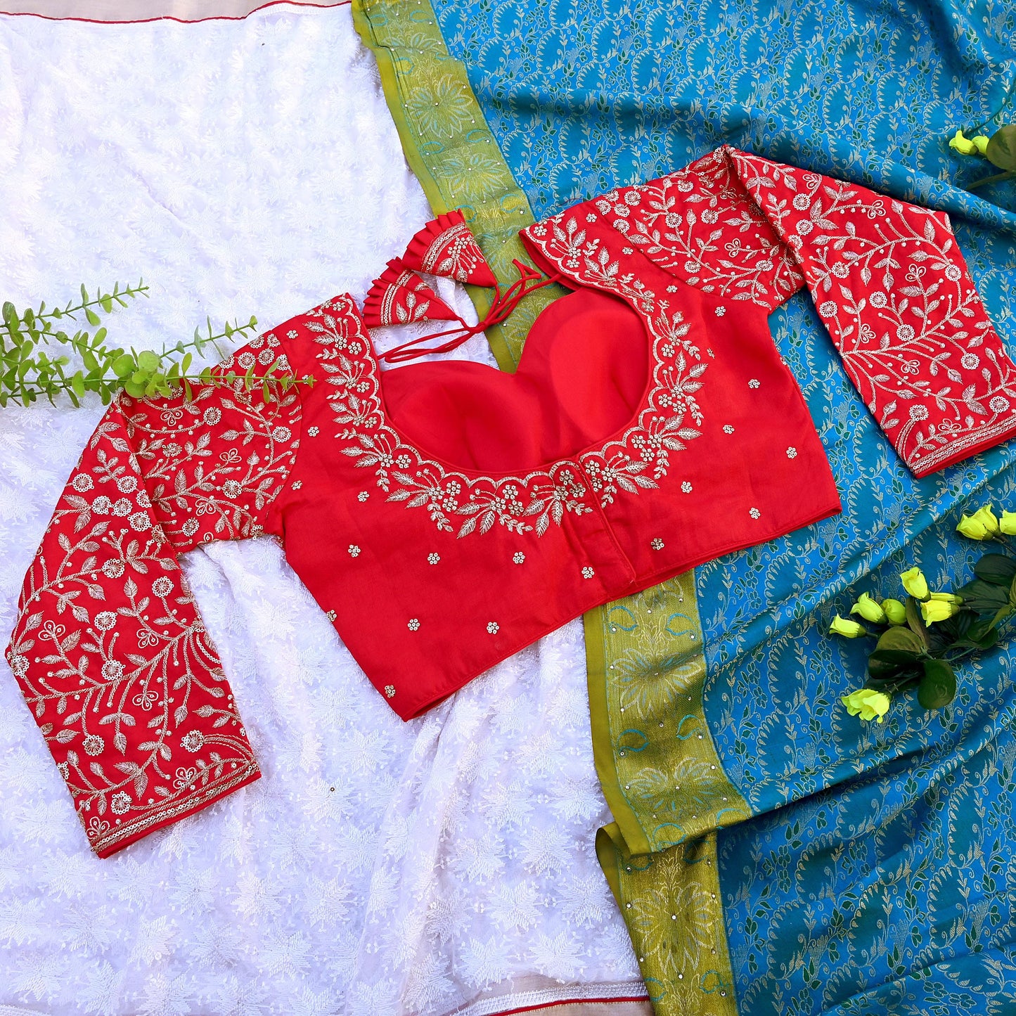 Indian New Red Chanderi Hand Embroidered Padded Blouse/Top/Crop M Size Party wear Bollywood