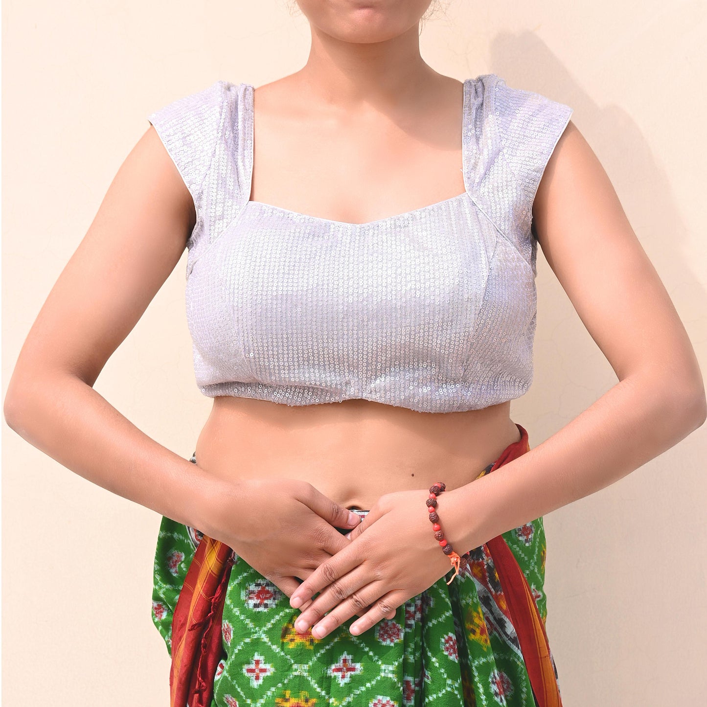 Indian New Silver Net Embroidered Padded Blouse/Top/Crop M Size Party wear Bollywood