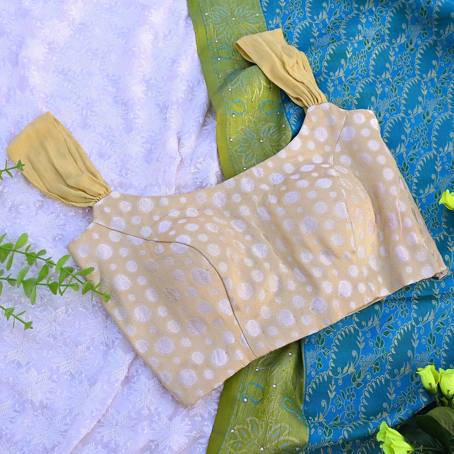 Indian New Golden Georgette Woven Brocade Padded Blouse/Top/Crop Party wear Bollywood