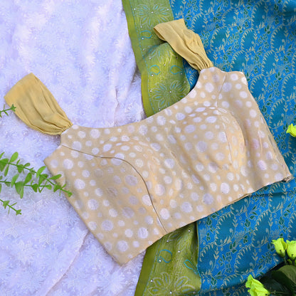 Indian New Golden Georgette Woven Brocade Padded Blouse/Top/Crop Party wear Bollywood