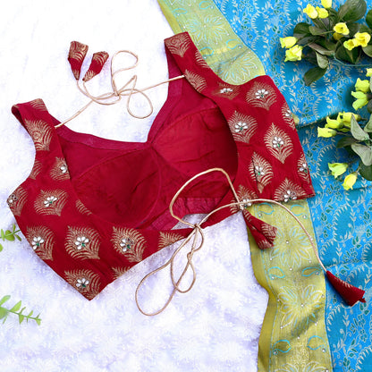Indian New Red Pure Georgette Silk Hand Embroidered/Woven Sleeveless Padded Blouse/Top/Crop Party wear Bollywood One Of a Kind Blouse