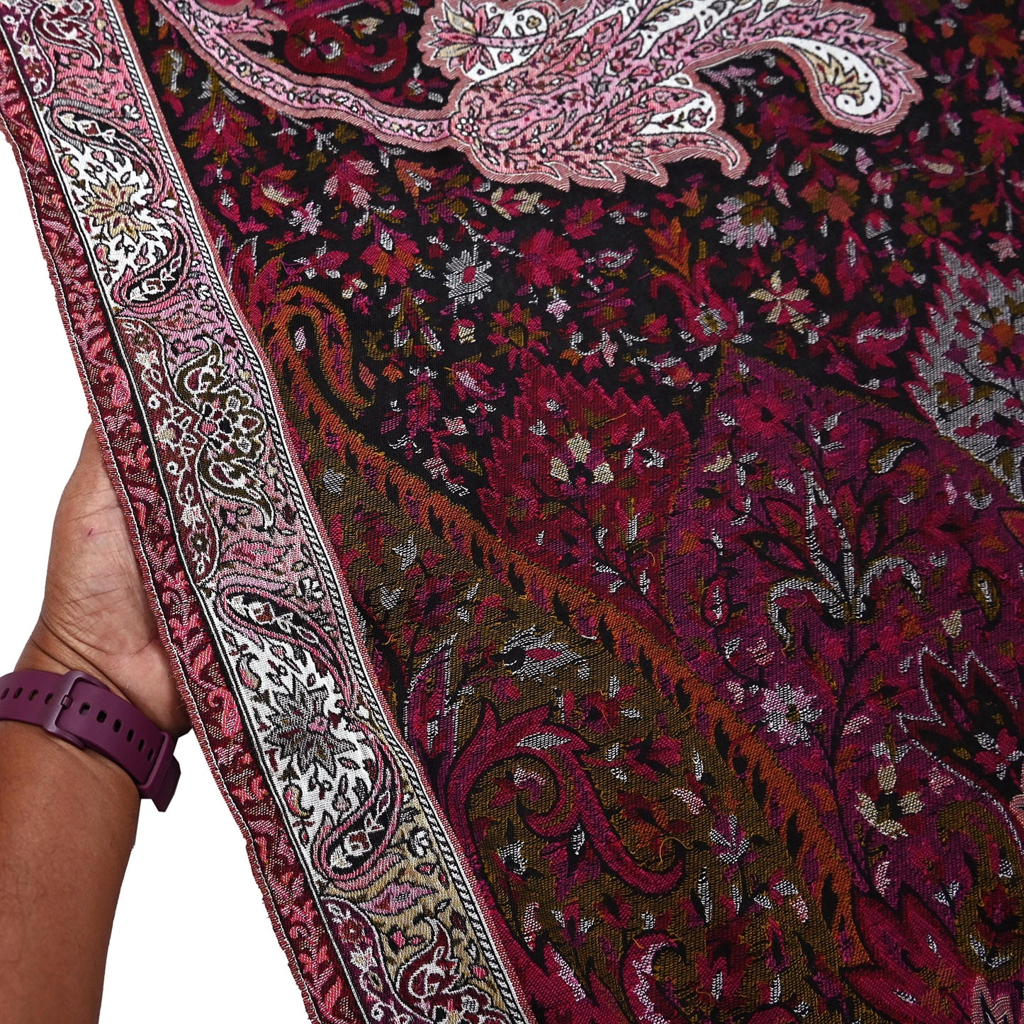 Vintage Stole Black & White woolen Handmade Jamawar work Long Throw Warm Stole Paisley Design Fringes