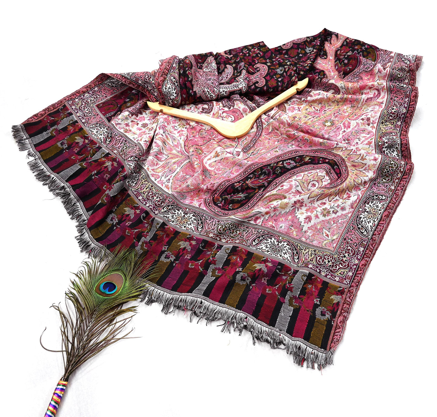 Vintage Stole Black & White woolen Handmade Jamawar work Long Throw Warm Stole Paisley Design Fringes