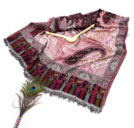 Vintage Stole Black & White woolen Handmade Jamawar work Long Throw Warm Stole Paisley Design Fringes