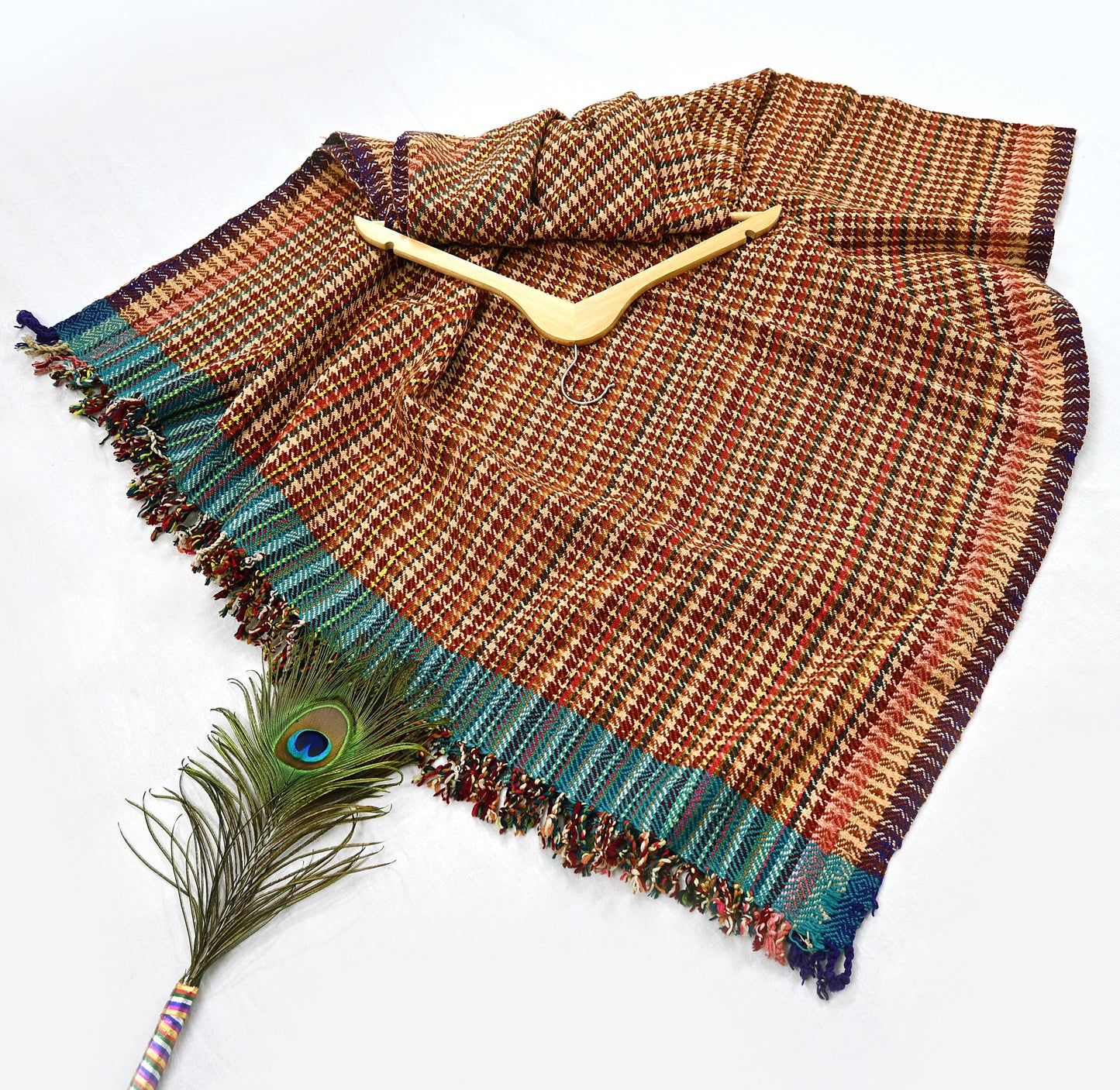 Vintage Multi Woolen Handmade Kullu Shawl Woven work Long Throw Stole Warm Stole Warm Fringes
