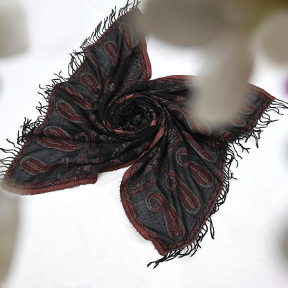 Indian Vintage Black Pure Woolen Shawl Handmade Woven Work Long Throw Stole Warm Abstract Design Soft