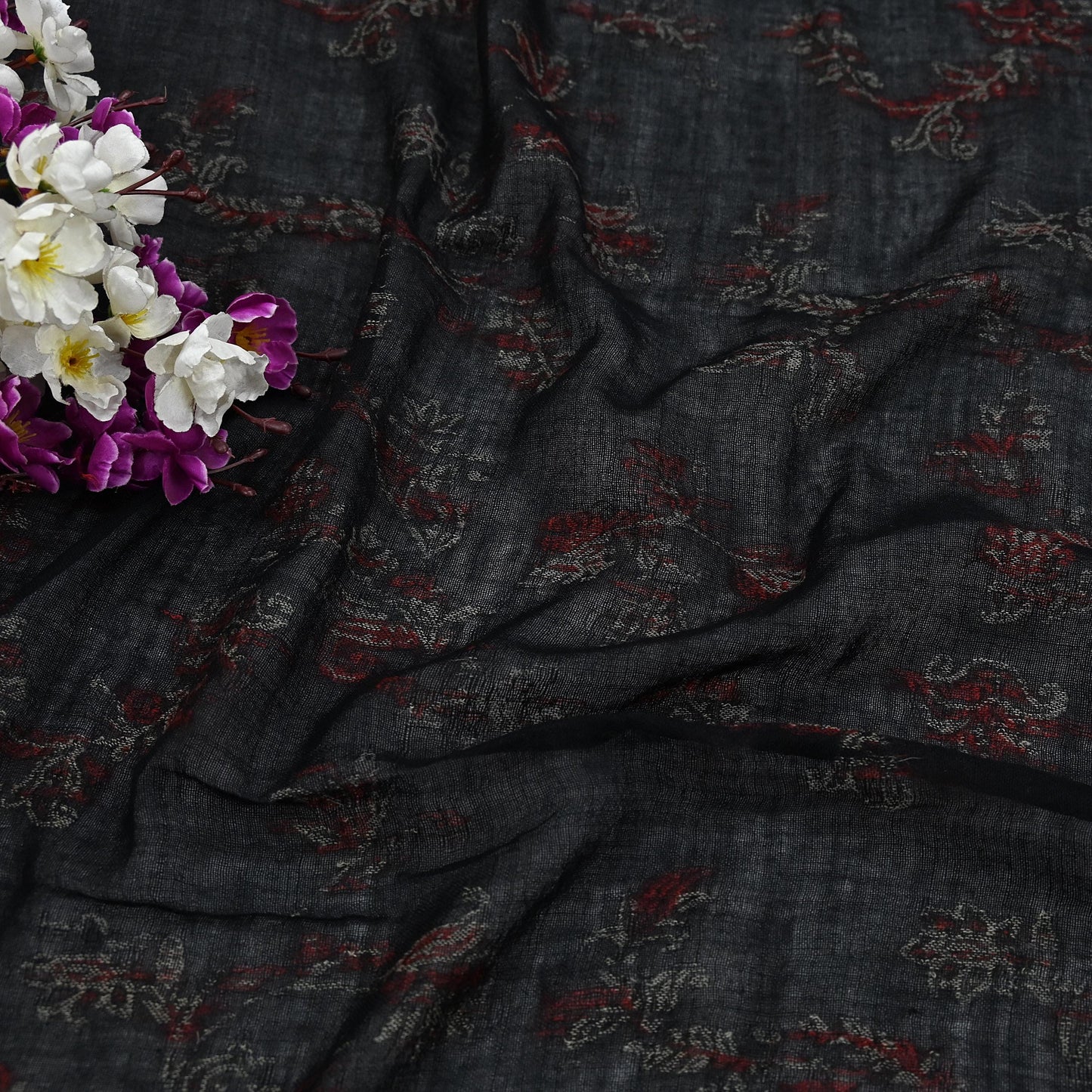 Indian Vintage Black Pure Woolen Shawl Handmade Woven Work Long Throw Stole Warm Abstract Design Soft