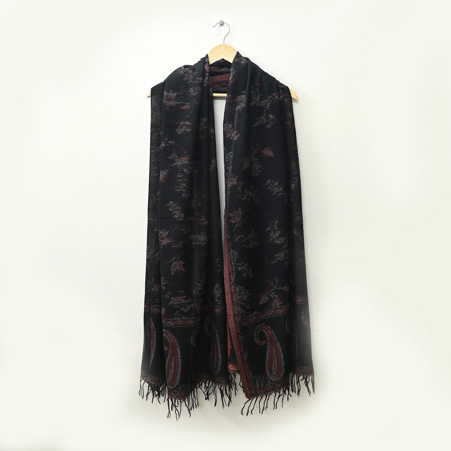 Indian Vintage Black Pure Woolen Shawl Handmade Woven Work Long Throw Stole Warm Abstract Design Soft