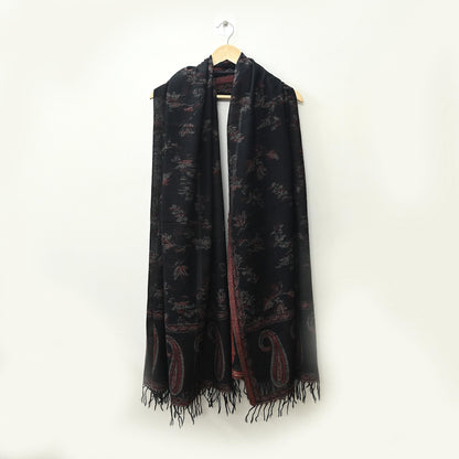 Indian Vintage Black Pure Woolen Shawl Handmade Woven Work Long Throw Stole Warm Abstract Design Soft