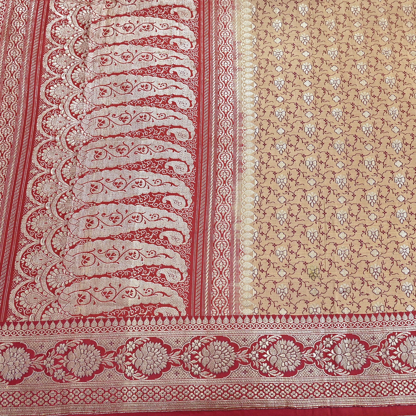 Vintage Banarasi Saree Pure Satin Silk Woven Brocade Zari Fabric Beige & Red Heavy Craft Sari 5 Yards Indian Antique Textile Dress Making