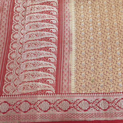 Vintage Banarasi Saree Pure Satin Silk Woven Brocade Zari Fabric Beige & Red Heavy Craft Sari 5 Yards Indian Antique Textile Dress Making