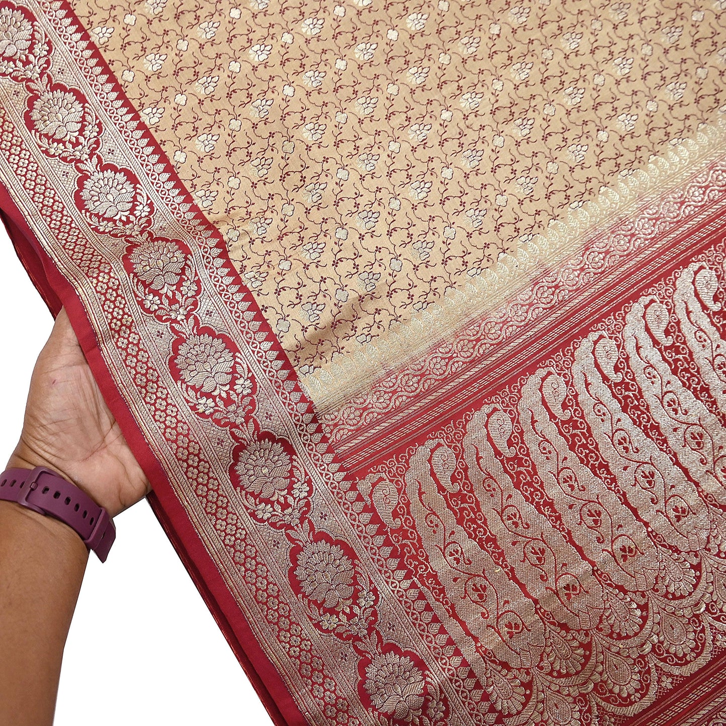 Vintage Banarasi Saree Pure Satin Silk Woven Brocade Zari Fabric Beige & Red Heavy Craft Sari 5 Yards Indian Antique Textile Dress Making