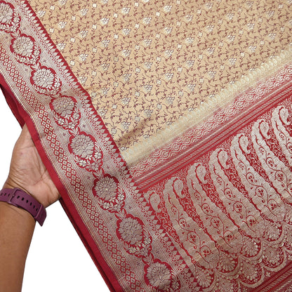 Vintage Banarasi Saree Pure Satin Silk Woven Brocade Zari Fabric Beige & Red Heavy Craft Sari 5 Yards Indian Antique Textile Dress Making