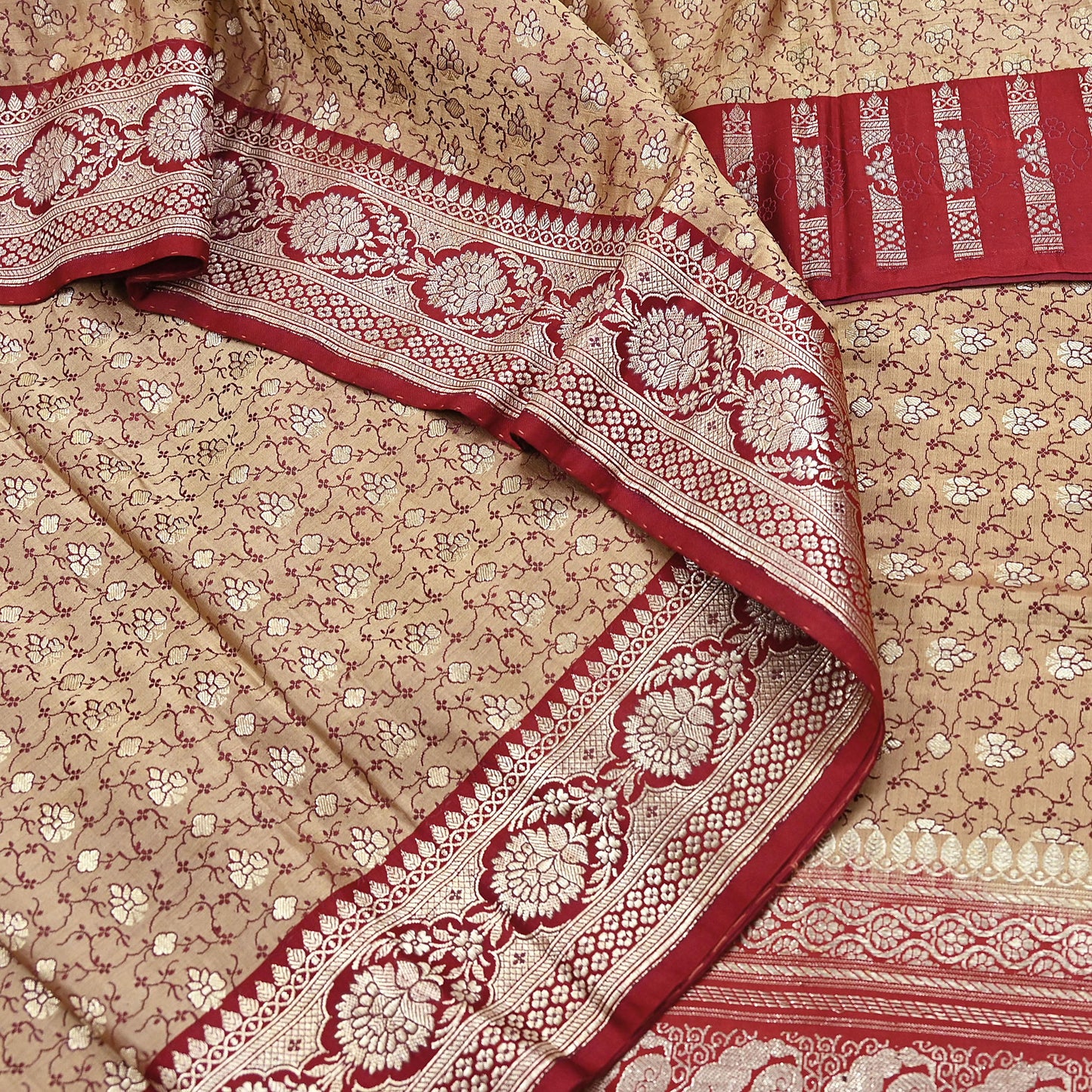 Vintage Banarasi Saree Pure Satin Silk Woven Brocade Zari Fabric Beige & Red Heavy Craft Sari 5 Yards Indian Antique Textile Dress Making