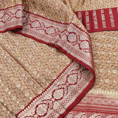 Vintage Banarasi Saree Pure Satin Silk Woven Brocade Zari Fabric Beige & Red Heavy Craft Sari 5 Yards Indian Antique Textile Dress Making