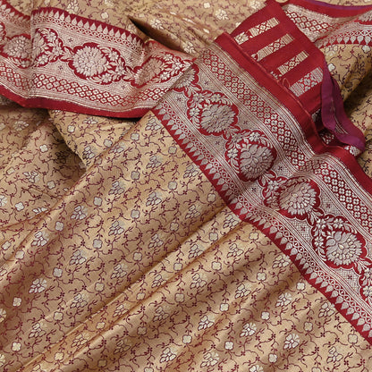 Vintage Banarasi Saree Pure Satin Silk Woven Brocade Zari Fabric Beige & Red Heavy Craft Sari 5 Yards Indian Antique Textile Dress Making