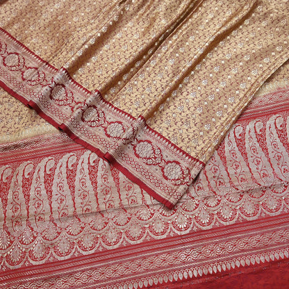 Vintage Banarasi Saree Pure Satin Silk Woven Brocade Zari Fabric Beige & Red Heavy Craft Sari 5 Yards Indian Antique Textile Dress Making