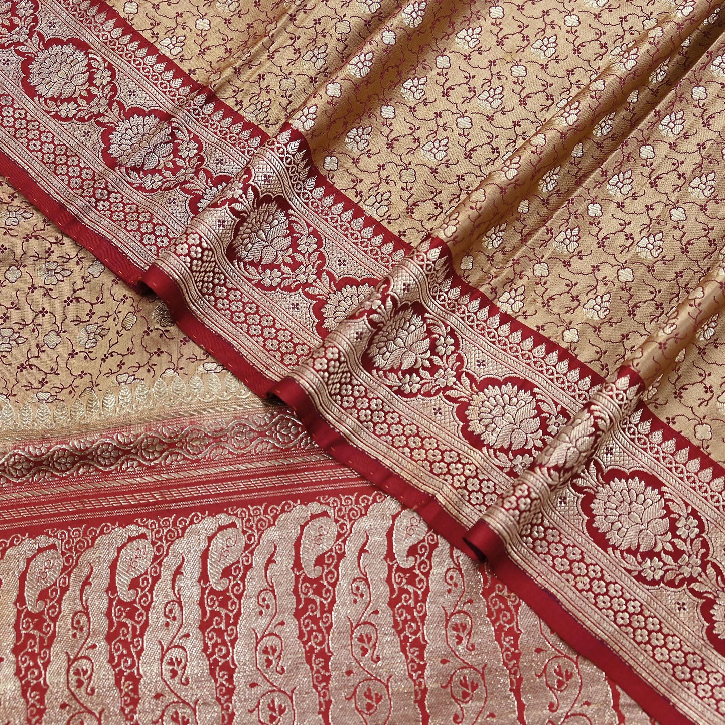 Vintage Banarasi Saree Pure Satin Silk Woven Brocade Zari Fabric Beige & Red Heavy Craft Sari 5 Yards Indian Antique Textile Dress Making