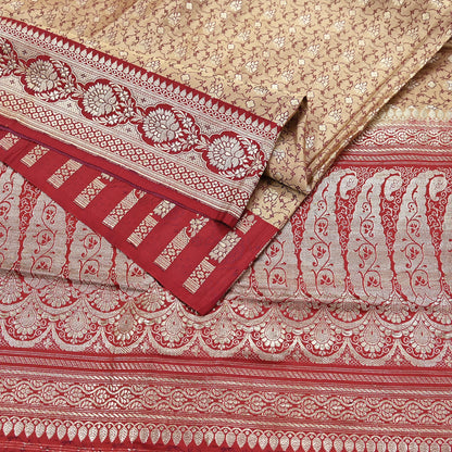 Vintage Banarasi Saree Pure Satin Silk Woven Brocade Zari Fabric Beige & Red Heavy Craft Sari 5 Yards Indian Antique Textile Dress Making