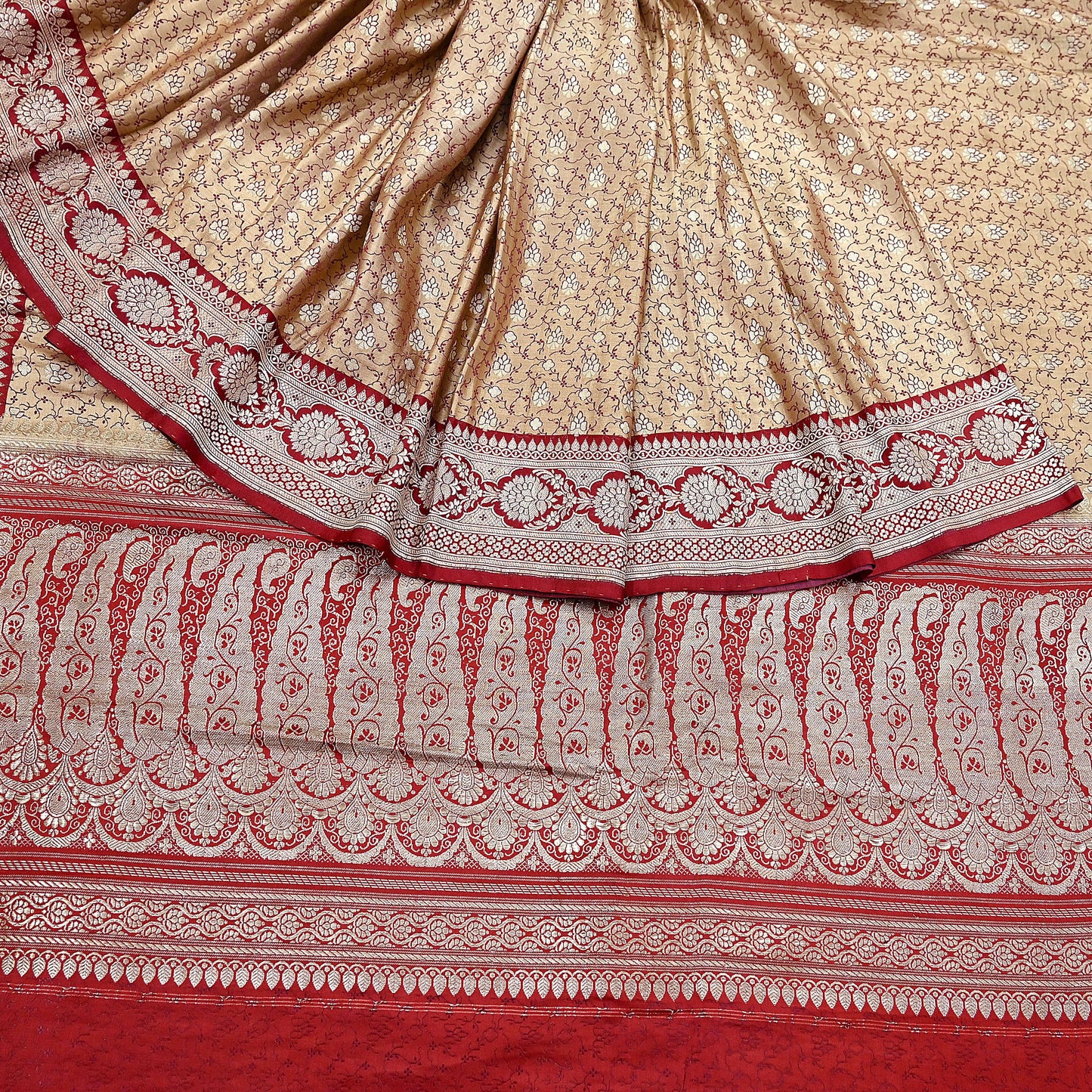 Vintage Banarasi Saree Pure Satin Silk Woven Brocade Zari Fabric Beige & Red Heavy Craft Sari 5 Yards Indian Antique Textile Dress Making