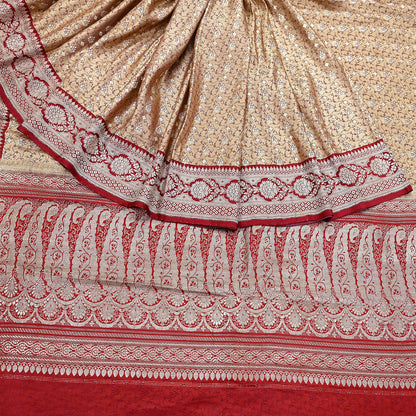 Vintage Banarasi Saree Pure Satin Silk Woven Brocade Zari Fabric Beige & Red Heavy Craft Sari 5 Yards Indian Antique Textile Dress Making
