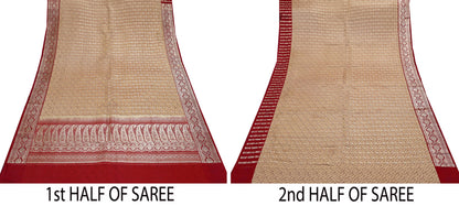 Vintage Banarasi Saree Pure Satin Silk Woven Brocade Zari Fabric Beige & Red Heavy Craft Sari 5 Yards Indian Antique Textile Dress Making