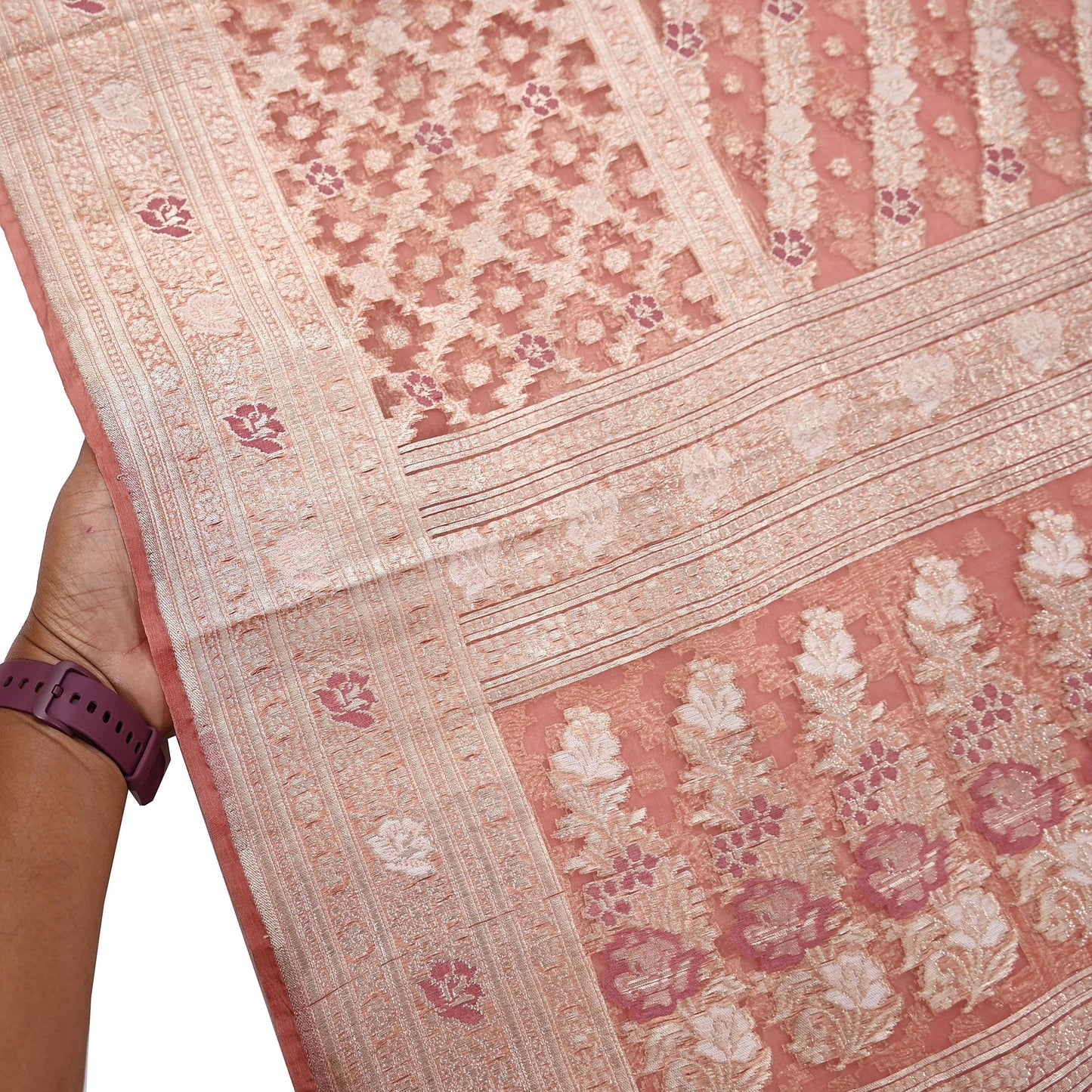 Indian Vintage Sari Heavy Peach Pure Organza Silk Woven Brocade Banarasi Sarees Zari 5Yd Ethnic Fabric Dress Making Wedding Sarees