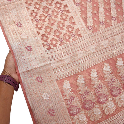 Indian Vintage Sari Heavy Peach Pure Organza Silk Woven Brocade Banarasi Sarees Zari 5Yd Ethnic Fabric Dress Making Wedding Sarees