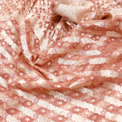 Indian Vintage Sari Heavy Peach Pure Organza Silk Woven Brocade Banarasi Sarees Zari 5Yd Ethnic Fabric Dress Making Wedding Sarees