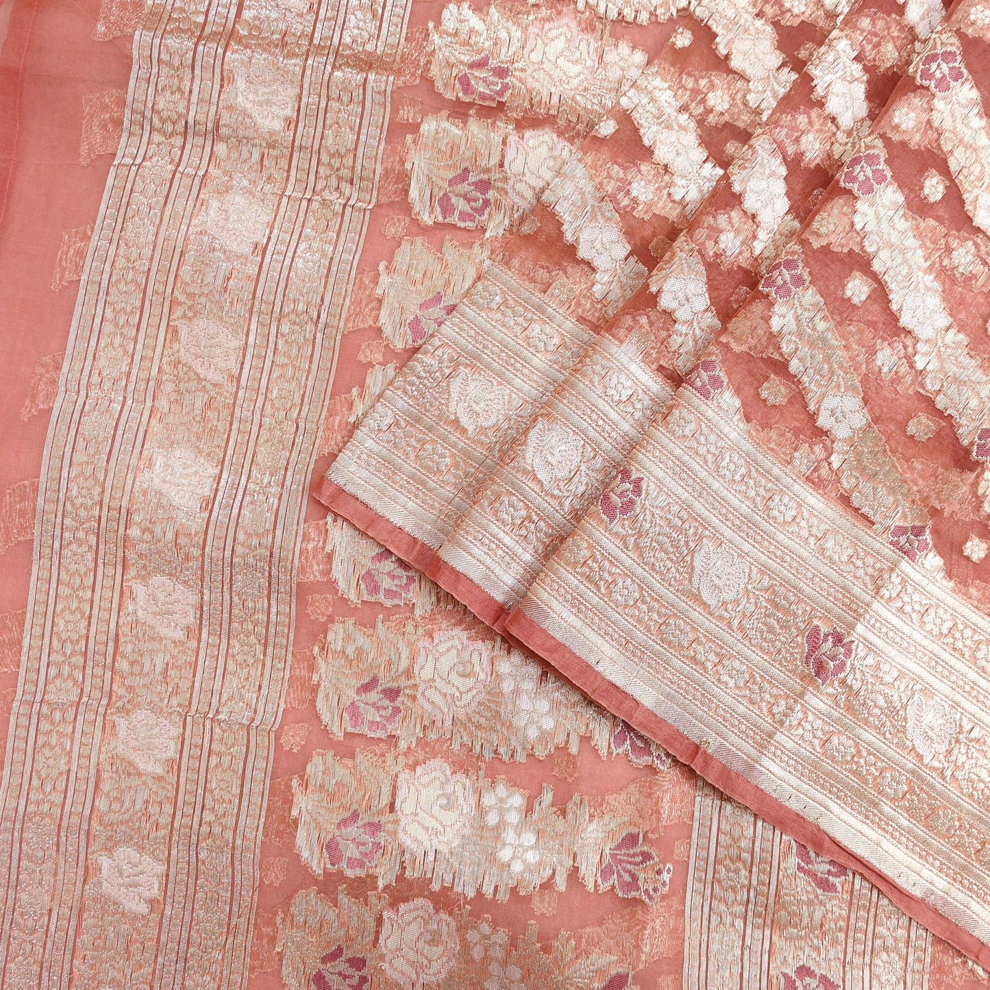 Indian Vintage Sari Heavy Peach Pure Organza Silk Woven Brocade Banarasi Sarees Zari 5Yd Ethnic Fabric Dress Making Wedding Sarees